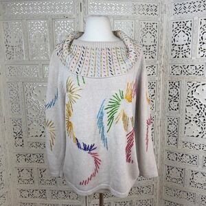 Vtg Beaded Colorful Cowl Neck Sweater Sz Medium Chunky Granny Retro Fairy